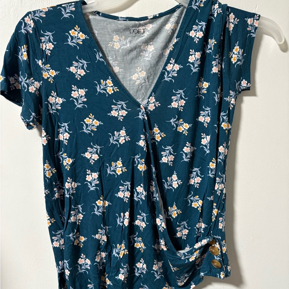 LOFT Teal Floral V-Neck Short Sleeve Top